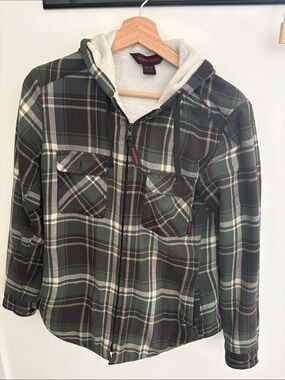 Tough Duck Green Plaid Sherpa-Lined Hooded Jacket Size XS